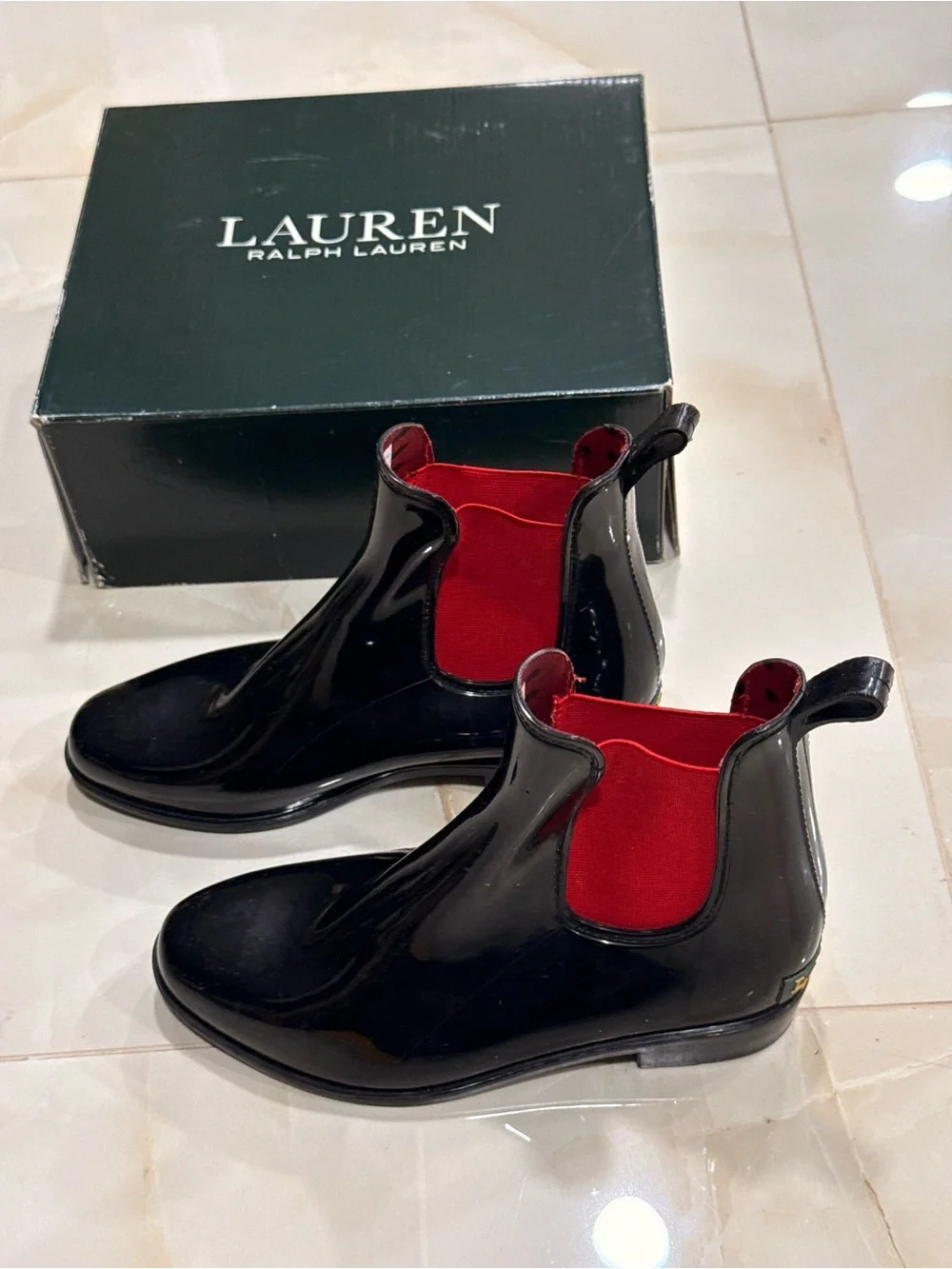 Polo by Ralph Lauren Black Patent Chelsea Boots with Red Elastic